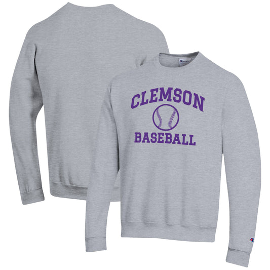 Men's Champion Gray Clemson Tigers Baseball Icon Crewneck Pullover Sweatshirt