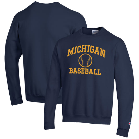 Men's Champion Navy Michigan Wolverines Baseball Icon Crewneck Pullover Sweatshirt