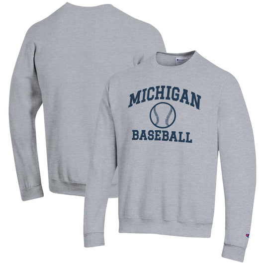 Men's Champion Gray Michigan Wolverines Baseball Icon Crewneck Pullover Sweatshirt