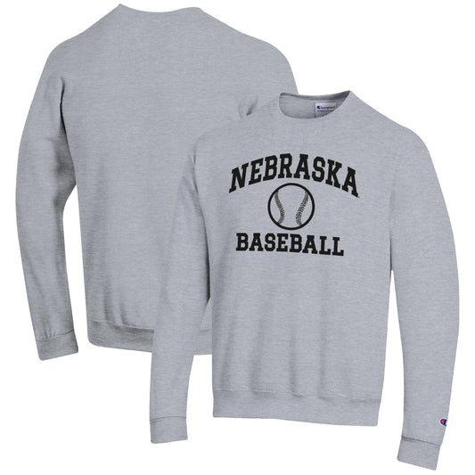 Men's Champion Gray Nebraska Huskers Baseball Icon Crewneck Pullover Sweatshirt