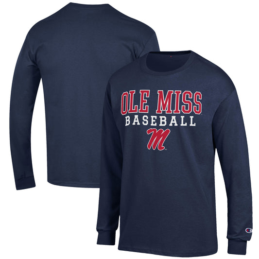 Men's Champion Navy Ole Miss Rebels Baseball Stack Long Sleeve T-Shirt