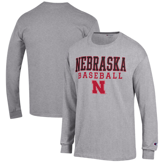 Men's Champion Gray Nebraska Huskers Baseball Stack Long Sleeve T-Shirt