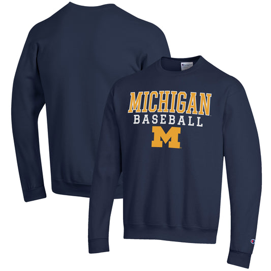 Men's Champion Navy Michigan Wolverines Baseball Stack Pullover Crewneck Sweatshirt