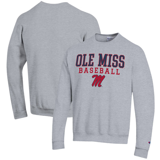 Men's Champion Gray Ole Miss Rebels Baseball Stack Pullover Crewneck Sweatshirt