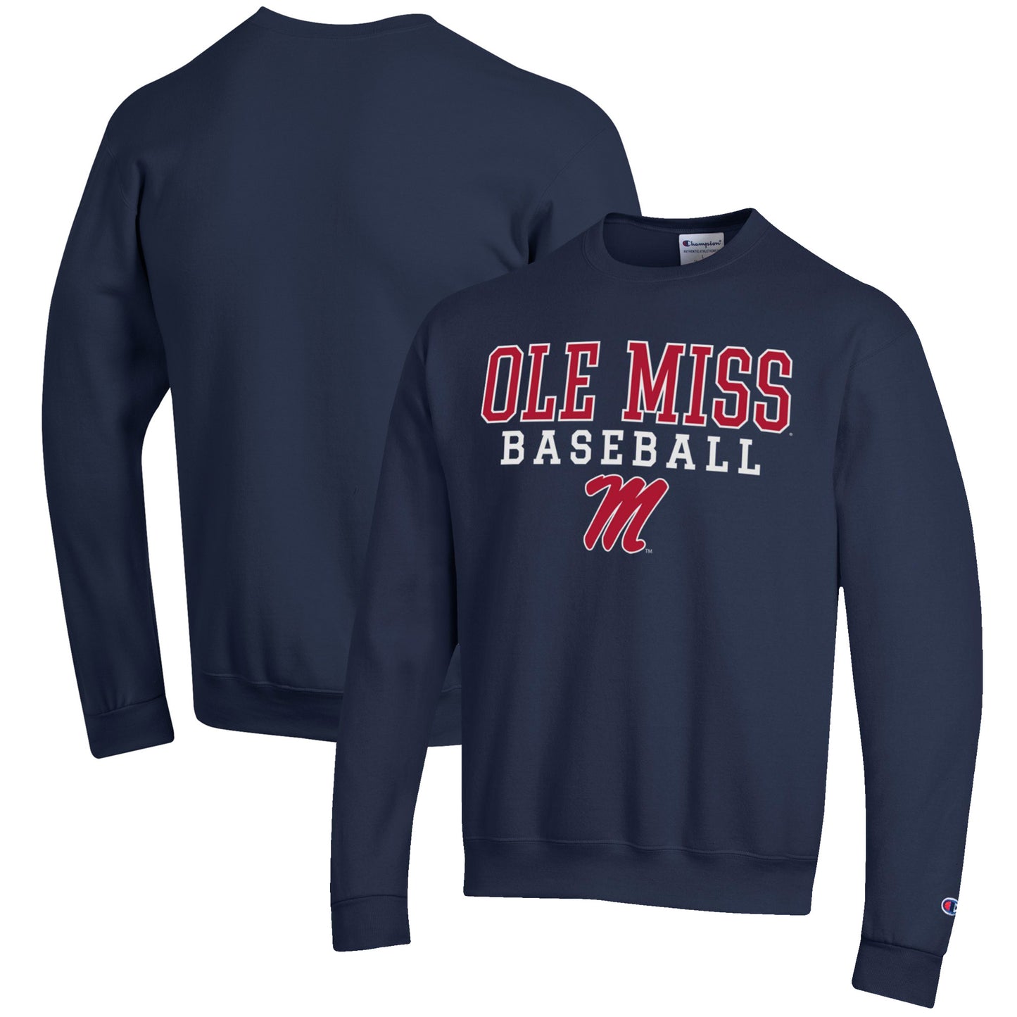 Men's Champion Navy Ole Miss Rebels Baseball Stack Pullover Crewneck Sweatshirt