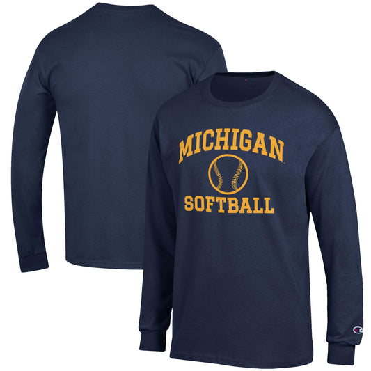 Men's Champion Navy Michigan Wolverines Softball Icon Long Sleeve T-Shirt