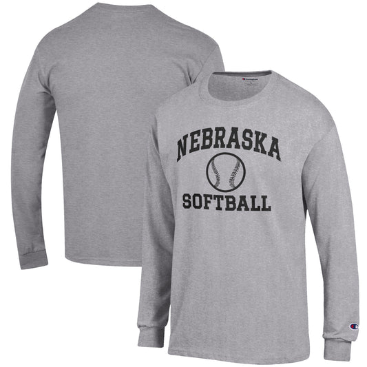 Men's Champion Gray Nebraska Huskers Softball Icon Long Sleeve T-Shirt