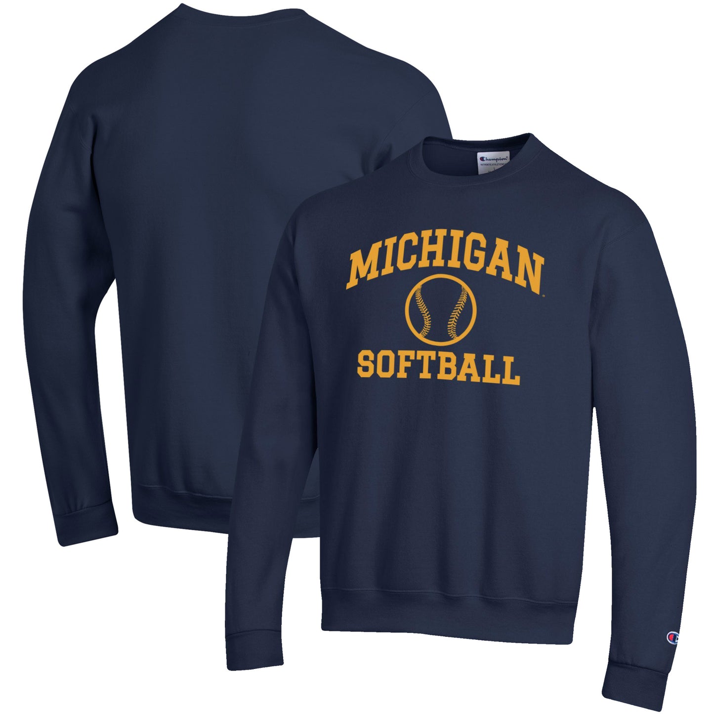 Men's Champion Navy Michigan Wolverines Softball Icon Crewneck Pullover Sweatshirt