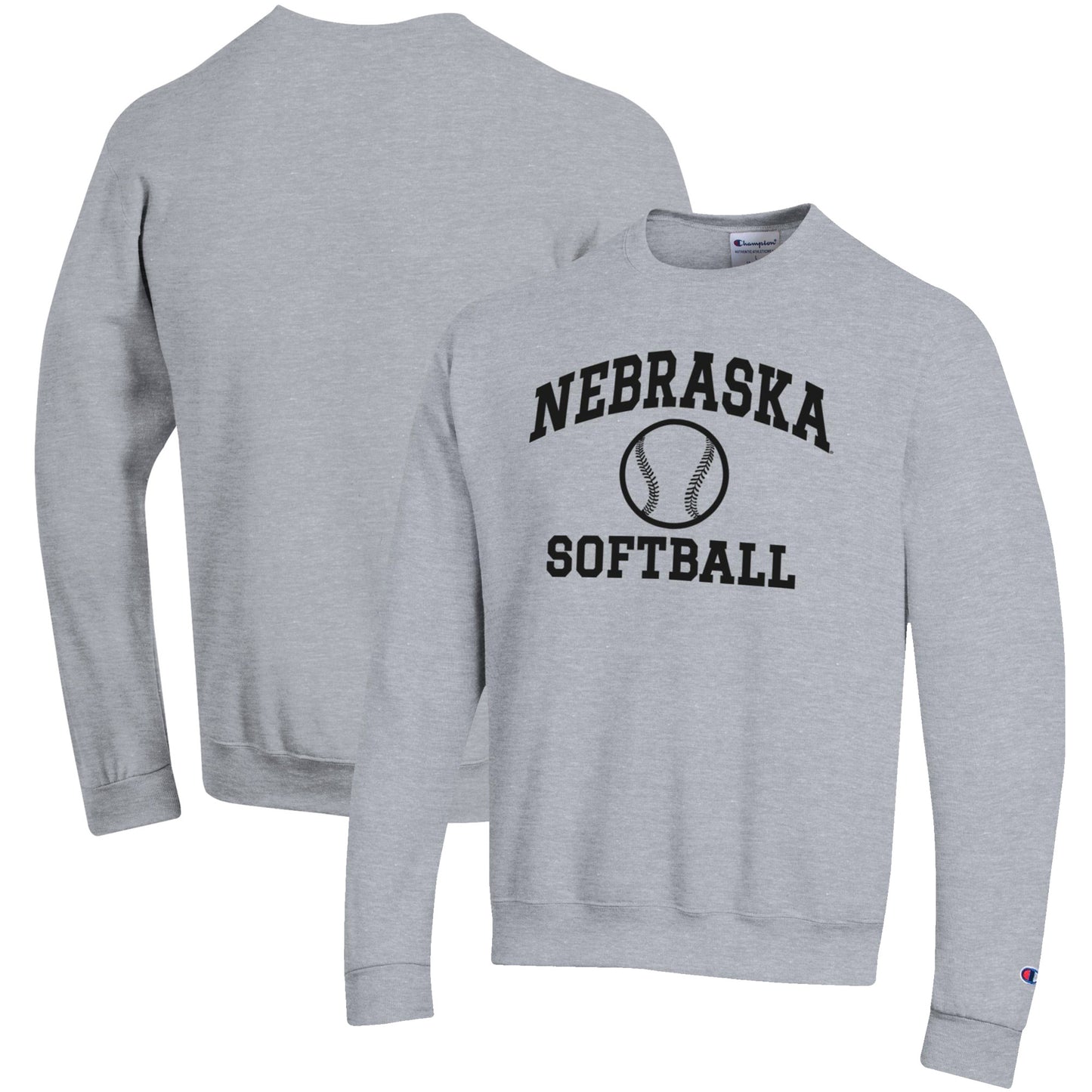 Men's Champion Gray Nebraska Huskers Softball Icon Crewneck Pullover Sweatshirt