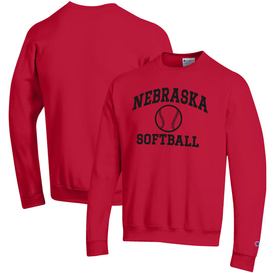 Men's Champion Scarlet Nebraska Huskers Softball Icon Crewneck Pullover Sweatshirt