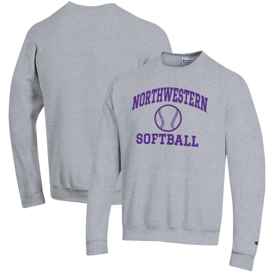 Men's Champion Gray Northwestern Wildcats Softball Icon Crewneck Pullover Sweatshirt