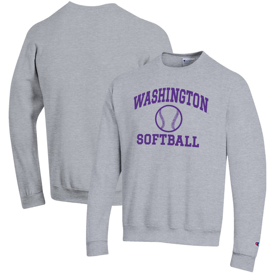 Men's Champion Gray Washington Huskies Softball Icon Crewneck Pullover Sweatshirt