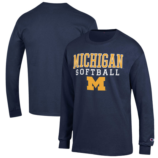 Men's Champion Navy Michigan Wolverines Softball Stack Long Sleeve T-Shirt