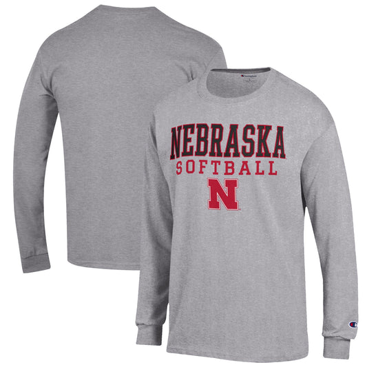 Men's Champion Gray Nebraska Huskers Softball Stack Long Sleeve T-Shirt