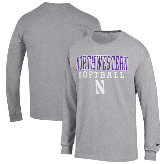 Men's Champion Gray Northwestern Wildcats Softball Stack Long Sleeve T-Shirt