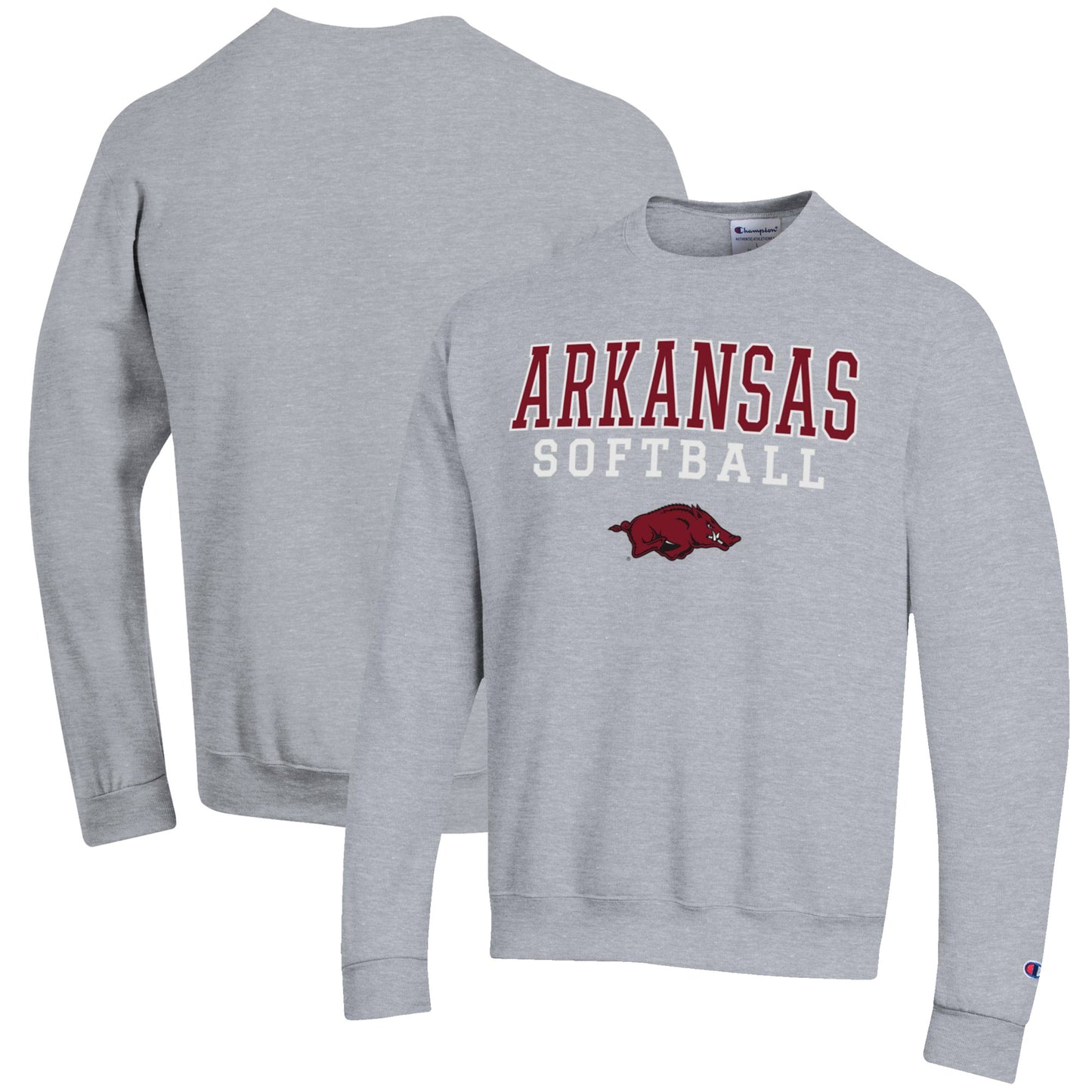 Men's Champion Gray Arkansas Razorbacks Softball Stack Pullover Crewneck Sweatshirt