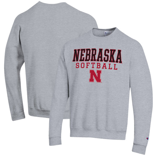 Men's Champion Gray Nebraska Huskers Softball Stack Pullover Crewneck Sweatshirt