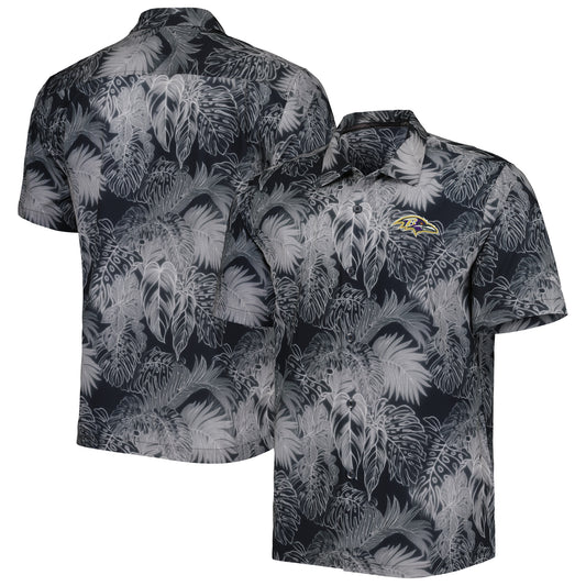 Men's Tommy Bahama Black Baltimore Ravens Big & Tall Bahama Coast Luminescent Fronds Camp IslandZone Button-Up Shirt