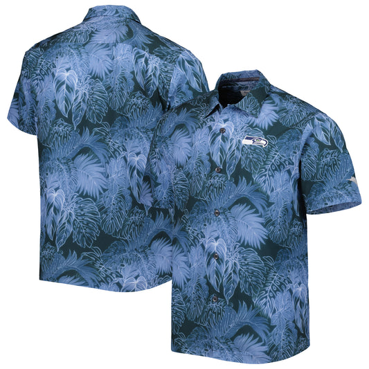 Men's Tommy Bahama Blue Seattle Seahawks Coast Luminescent Fronds Camp IslandZone Button-Up Shirt