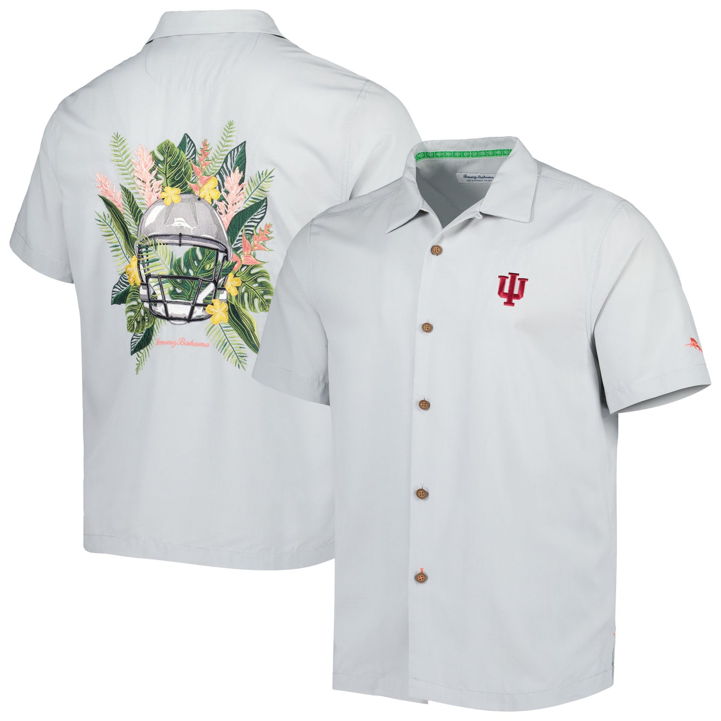 Men's Tommy Bahama Gray Indiana Hoosiers Coconut Point Frondly Fan Camp IslandZone Button-Up Shirt