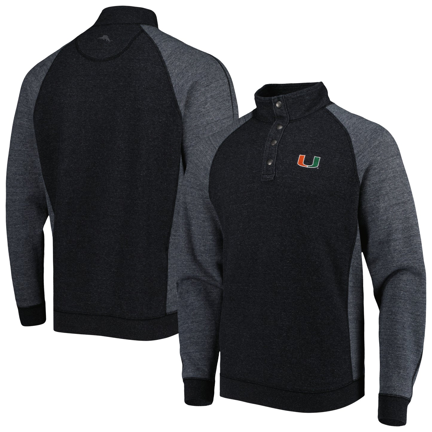 Men's Tommy Bahama Black Miami Hurricanes Sport Scrimmage Snap Mock Neck Raglan Button-Up Jacket