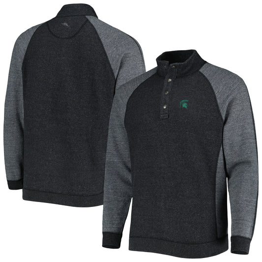 Men's Tommy Bahama Black Michigan State Spartans Sport Scrimmage Snap Mock Neck Raglan Button-Up Jacket