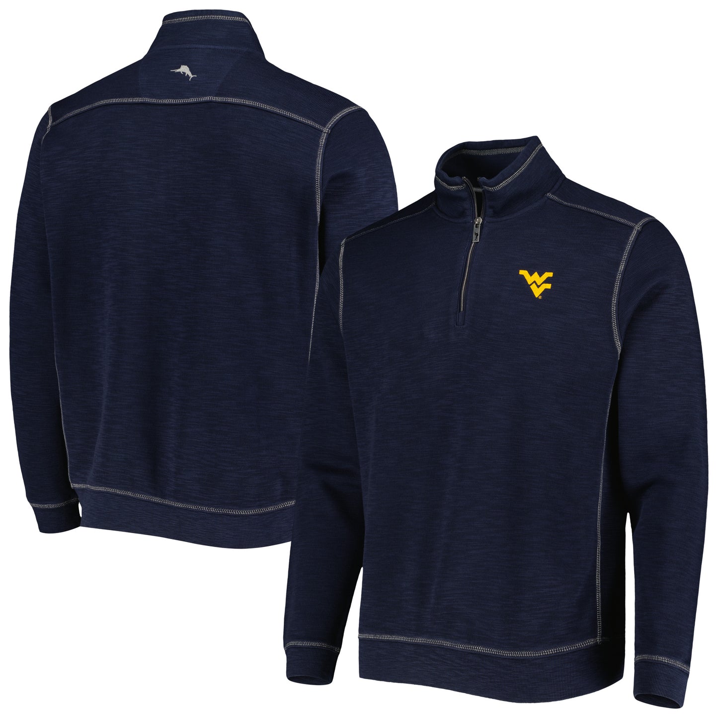 Men's Tommy Bahama Navy West Virginia Mountaineers Sport Tobago Bay Tri-Blend Mock Neck Half-Zip Jacket