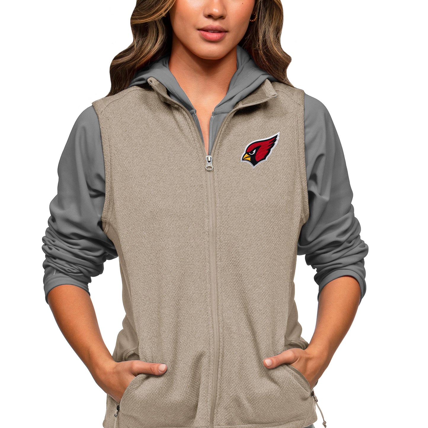 Women's Antigua Oatmeal Arizona Cardinals Closure Full-Zip Vest