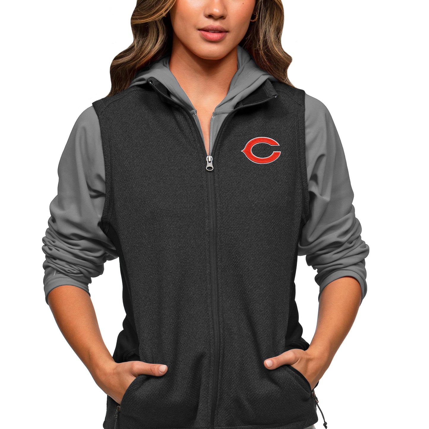 Women's Antigua Heathered Black Chicago Bears Closure Full-Zip Vest