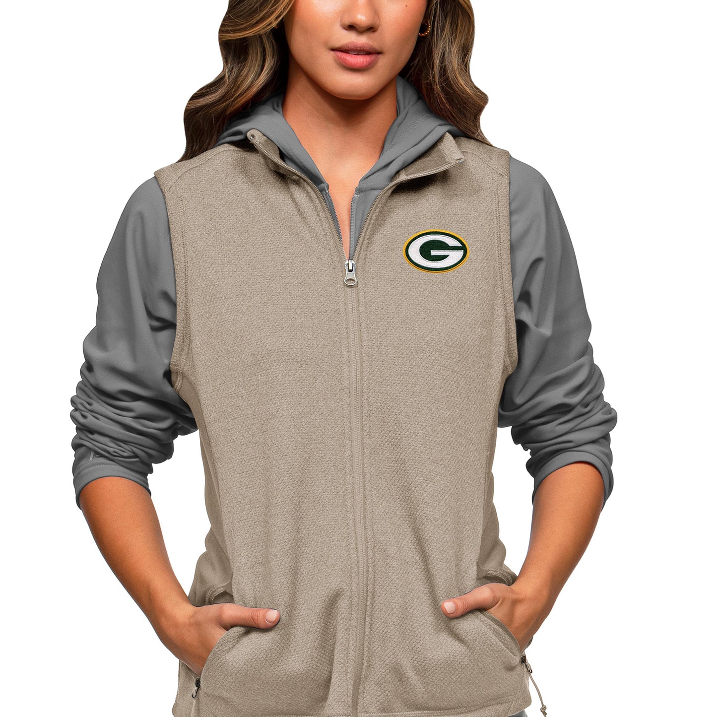 Women's Antigua Oatmeal Green Bay Packers Closure Full-Zip Vest