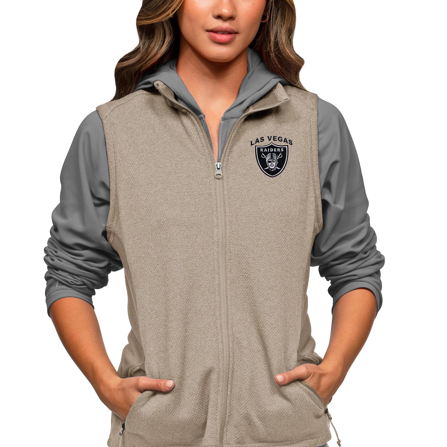 Women's Antigua Oatmeal Las Vegas Raiders Closure Wordmark Full-Zip Vest