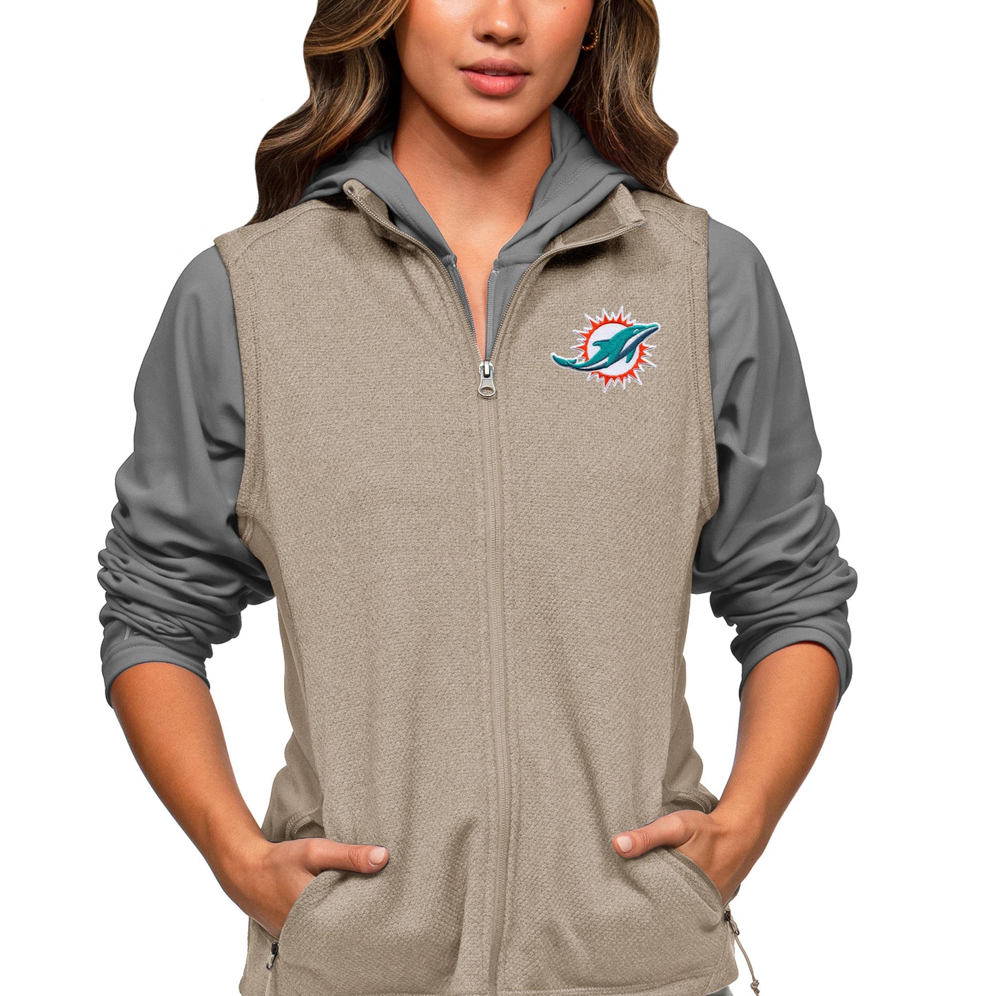 Women's Antigua Oatmeal Miami Dolphins Closure Full-Zip Vest