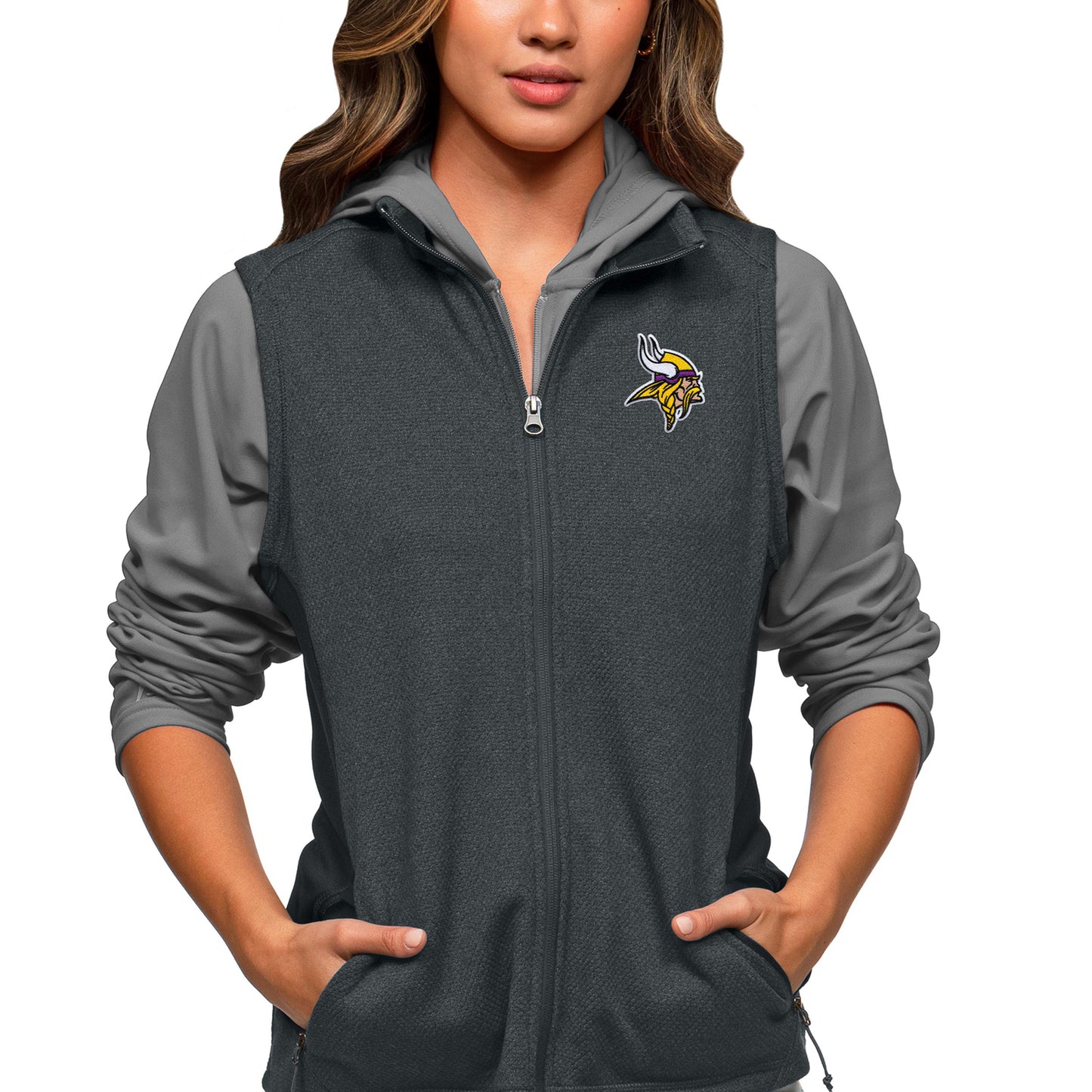 Women's Antigua Heathered Charcoal Minnesota Vikings Closure Full-Zip Vest