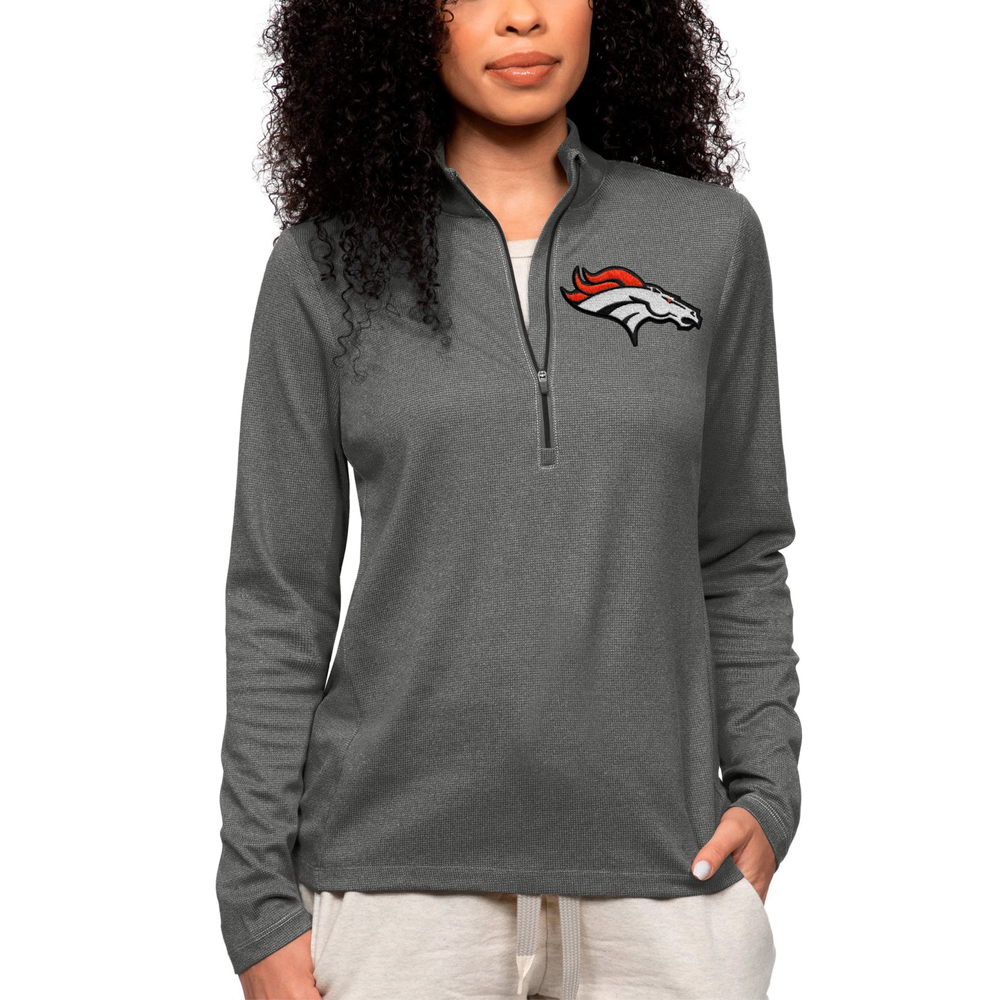 Women's Antigua Heathered Charcoal Denver Broncos Epic Quarter-Zip Top