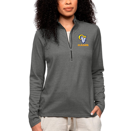 Women's Antigua Heathered Charcoal Los Angeles Rams Epic Wordmark Quarter-Zip Top