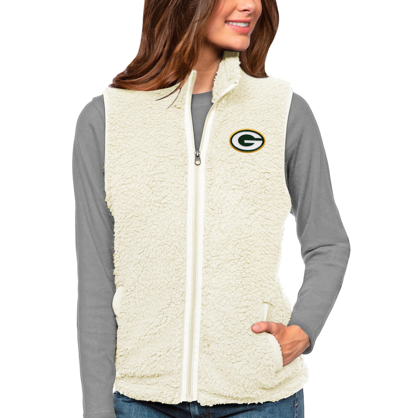 Women's Antigua Cream Green Bay Packers Grace Full-Zip Vest