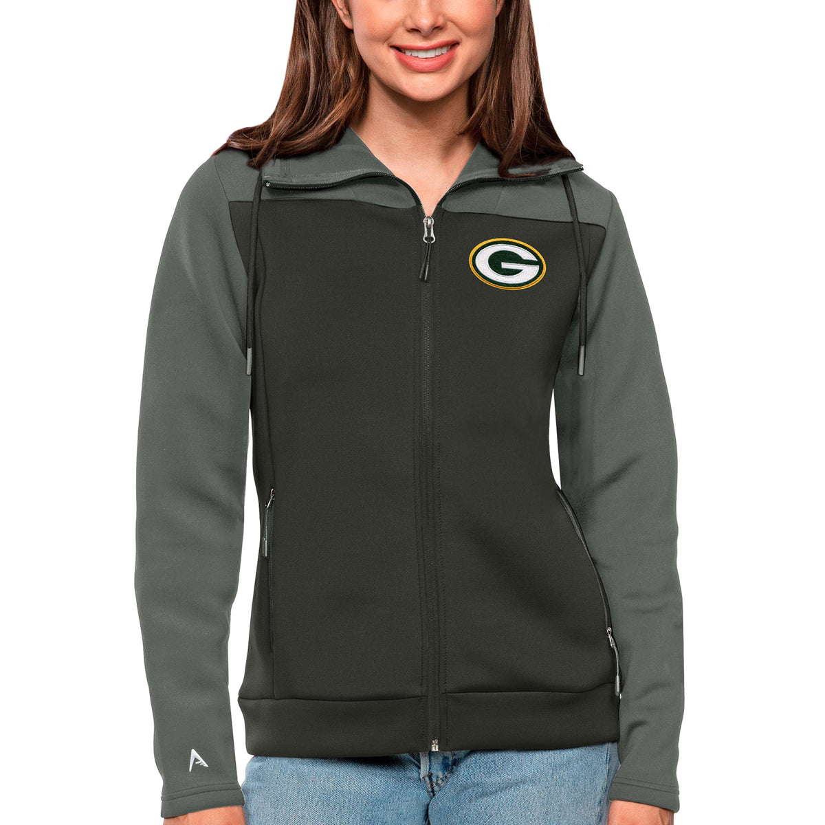 Women's Antigua Steel/Charcoal Green Bay Packers Protect Full-Zip Jacket
