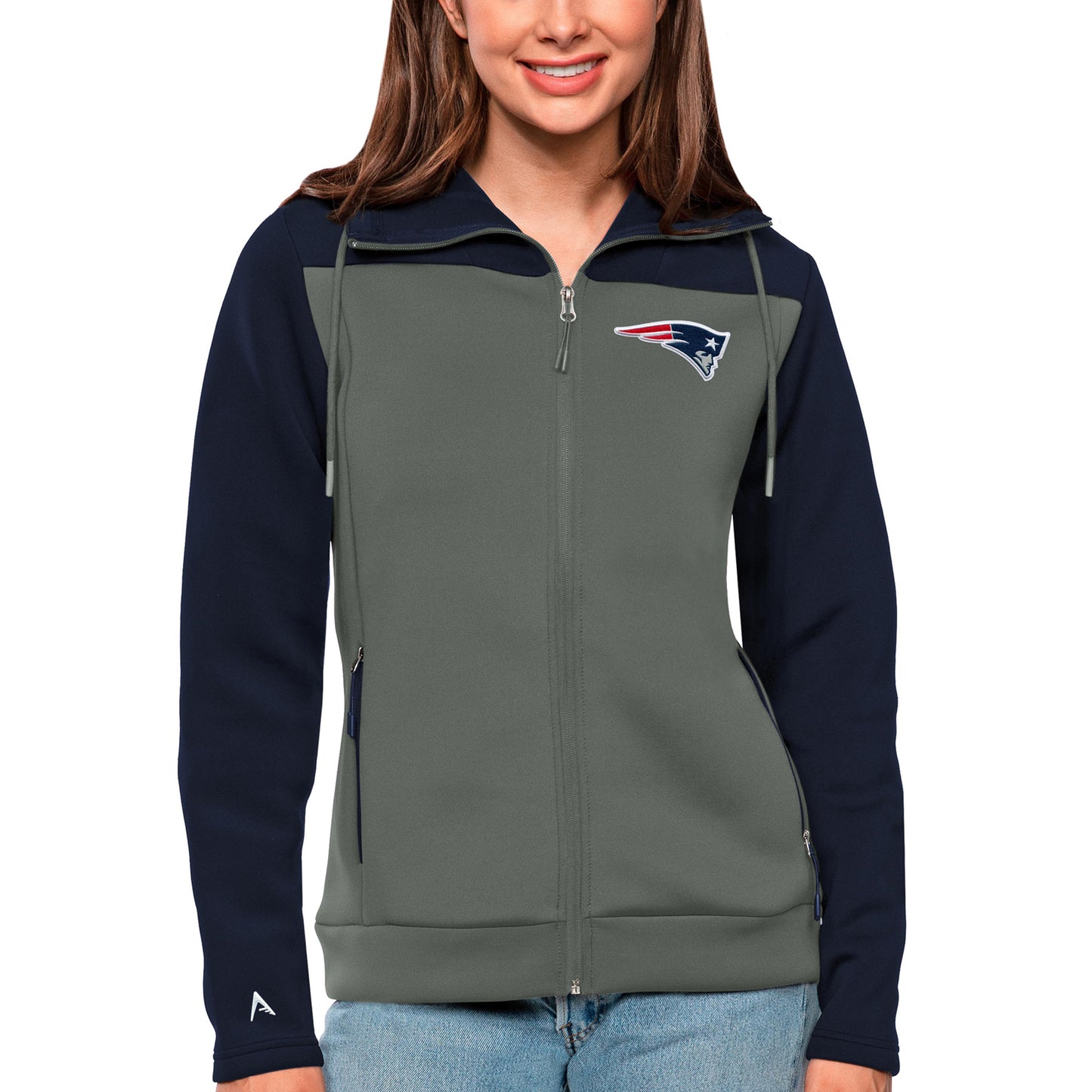 Women's Antigua Navy/Steel New England Patriots Protect Full-Zip Jacket