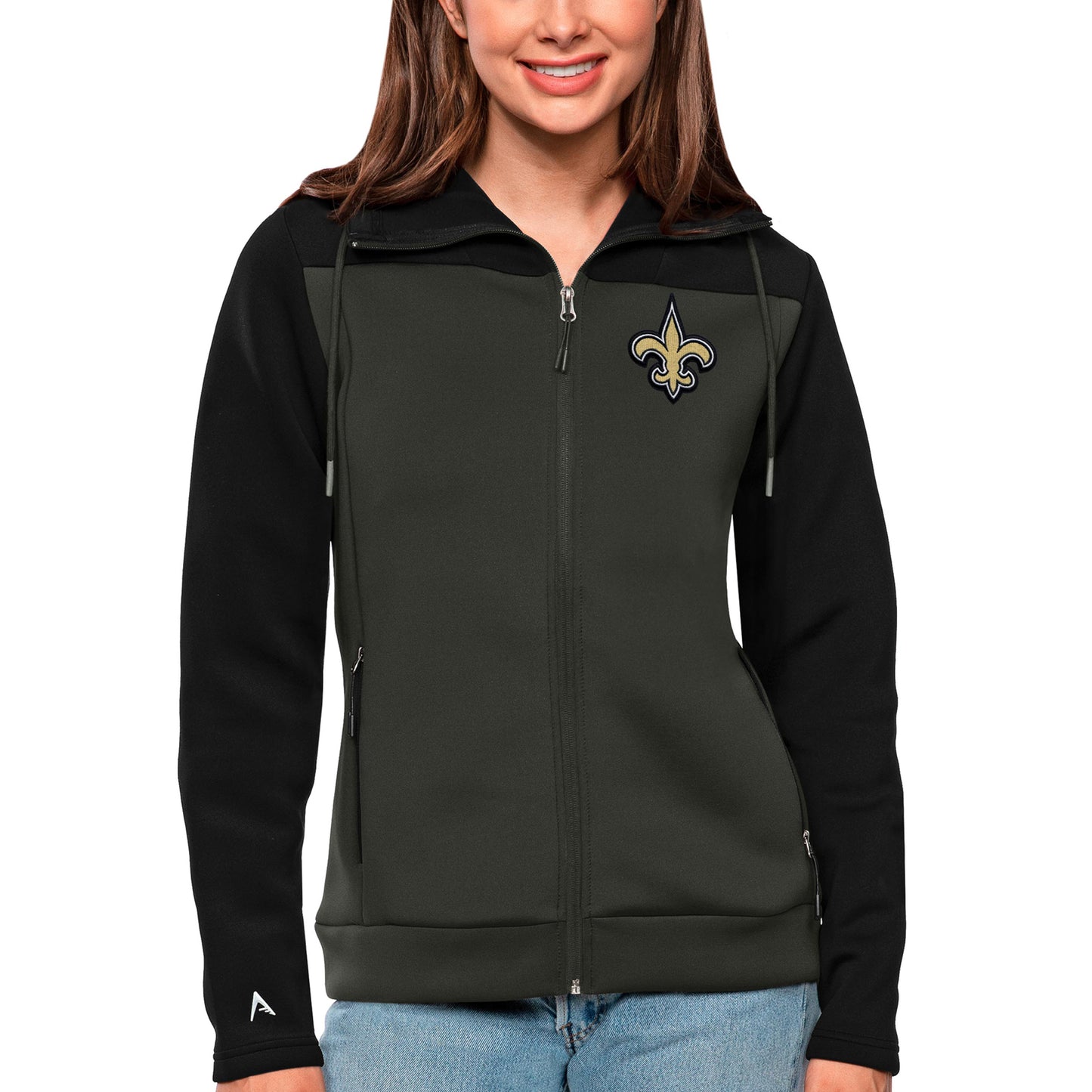 Women's Antigua Black/Charcoal New Orleans Saints Protect Full-Zip Jacket