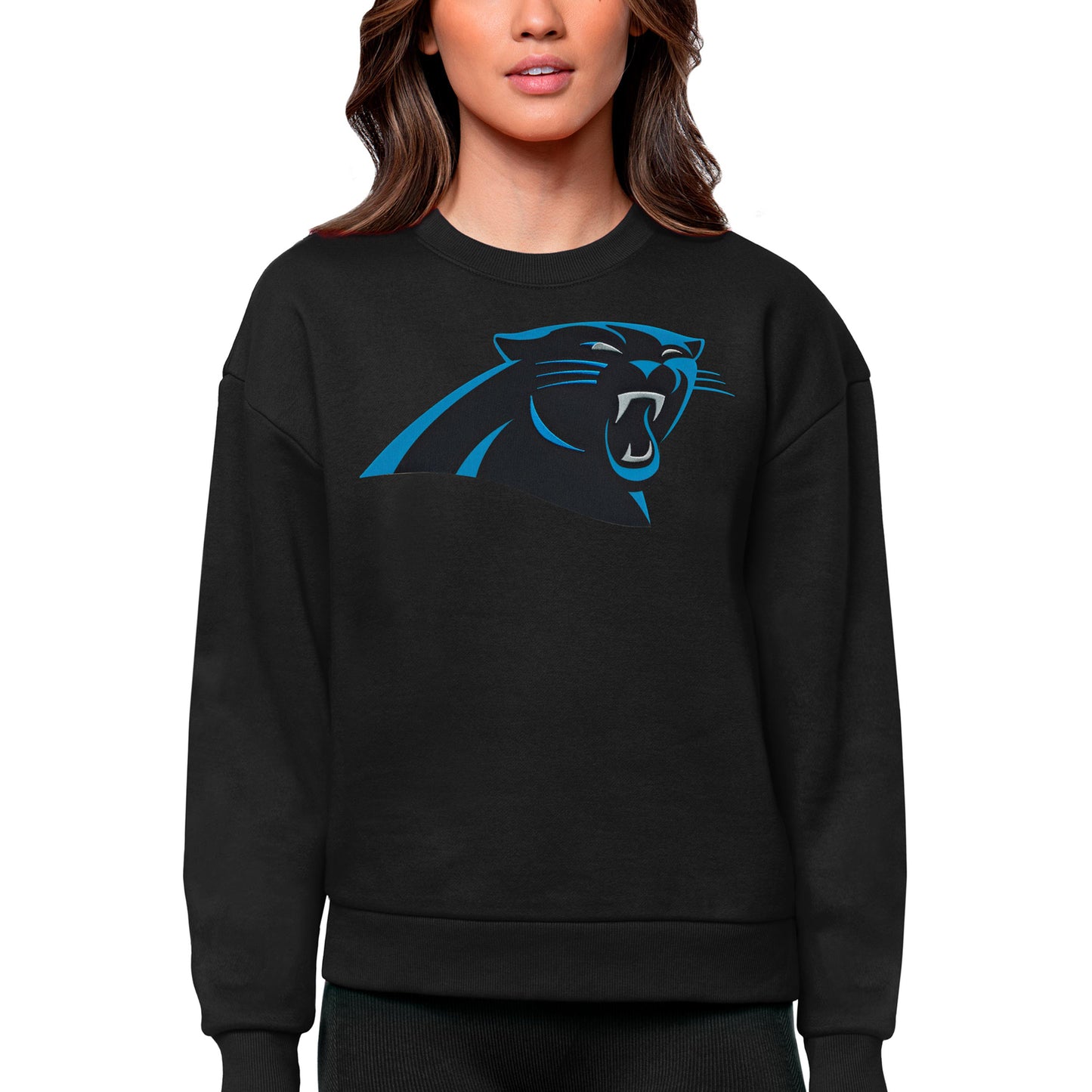 Women's Antigua Black Carolina Panthers Victory Logo Pullover Sweatshirt