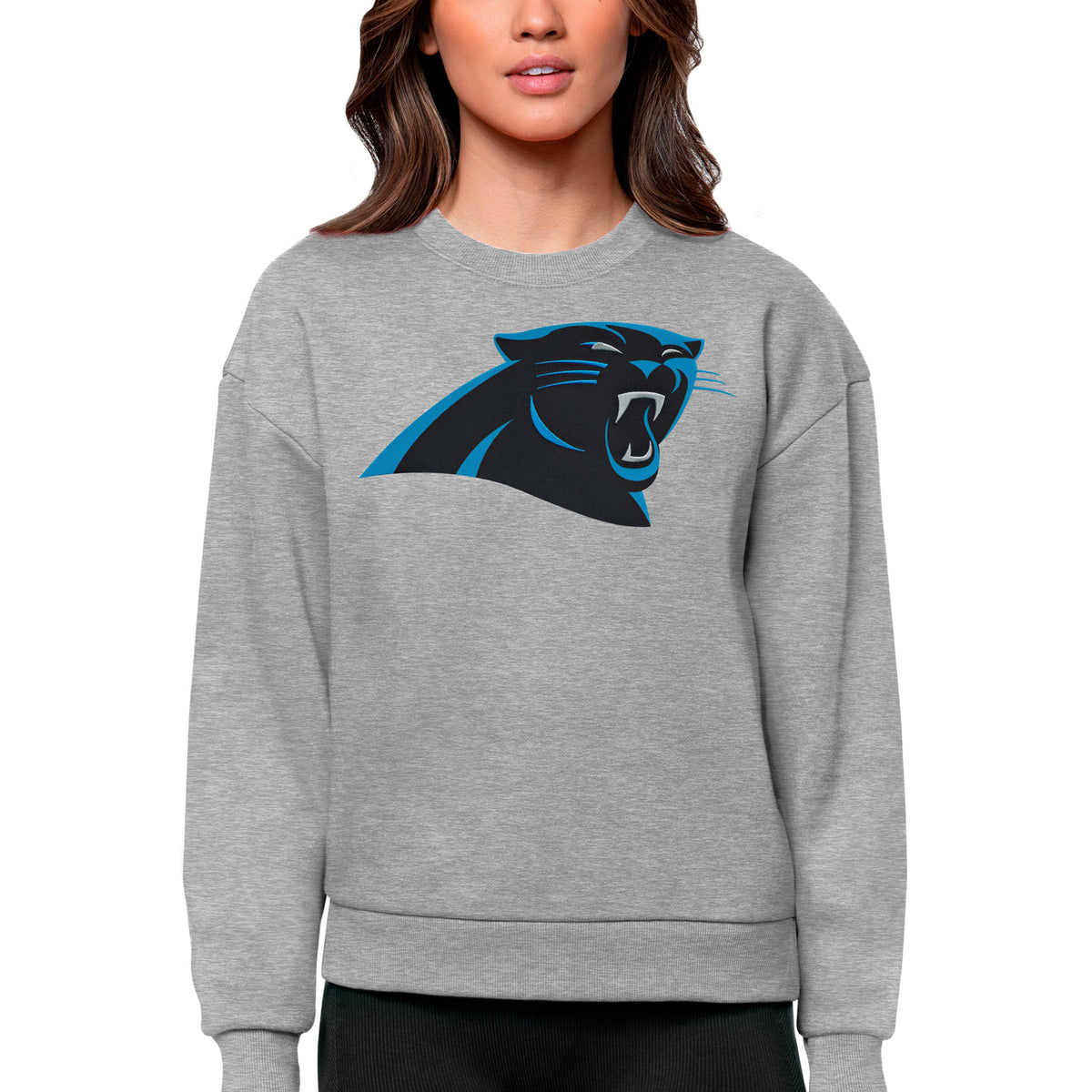 Women's Antigua Heathered Gray Carolina Panthers Victory Logo Pullover Sweatshirt