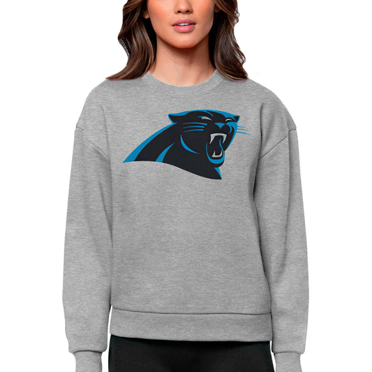 Women's Antigua Heathered Gray Carolina Panthers Victory Logo Pullover Sweatshirt