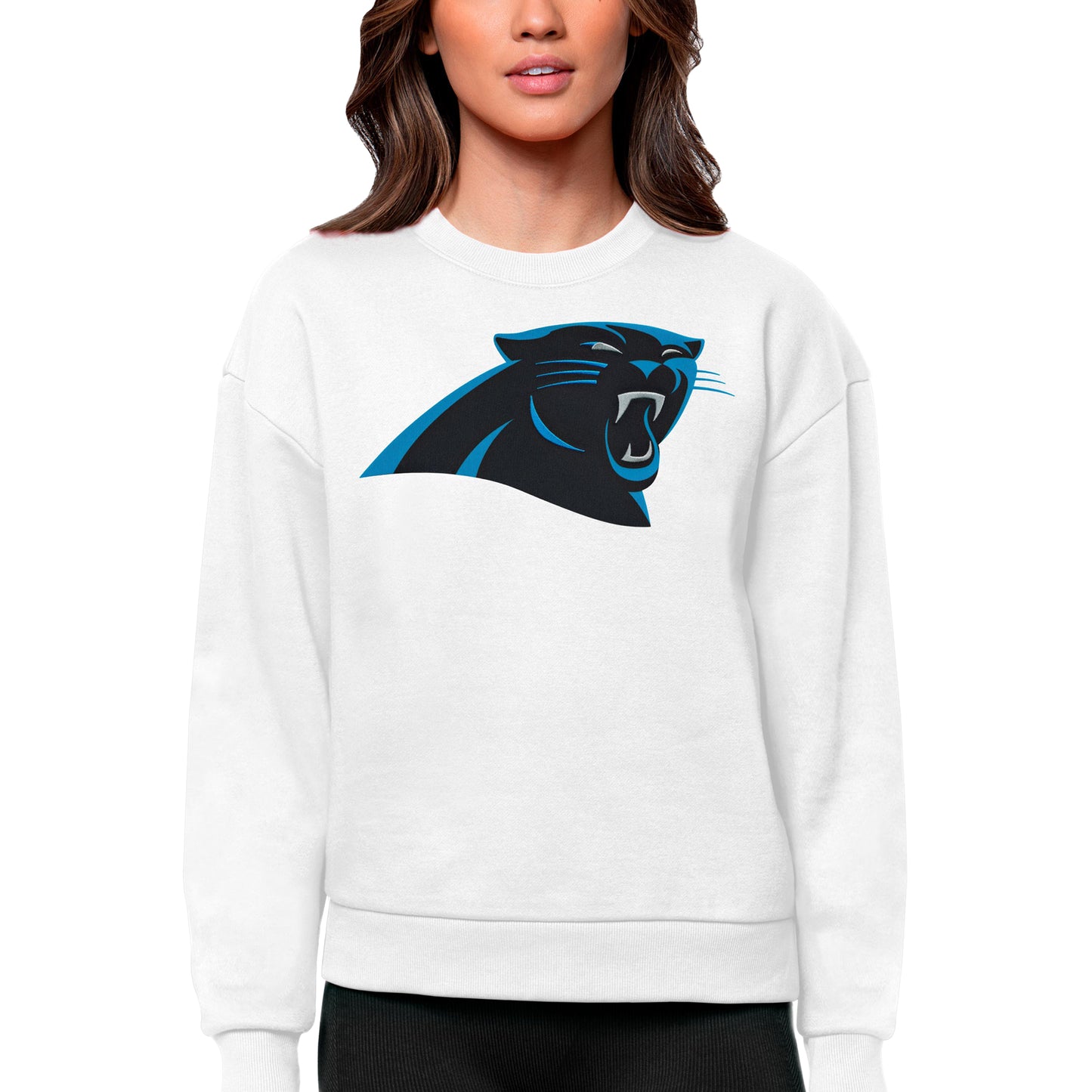 Women's Antigua White Carolina Panthers Victory Logo Pullover Sweatshirt