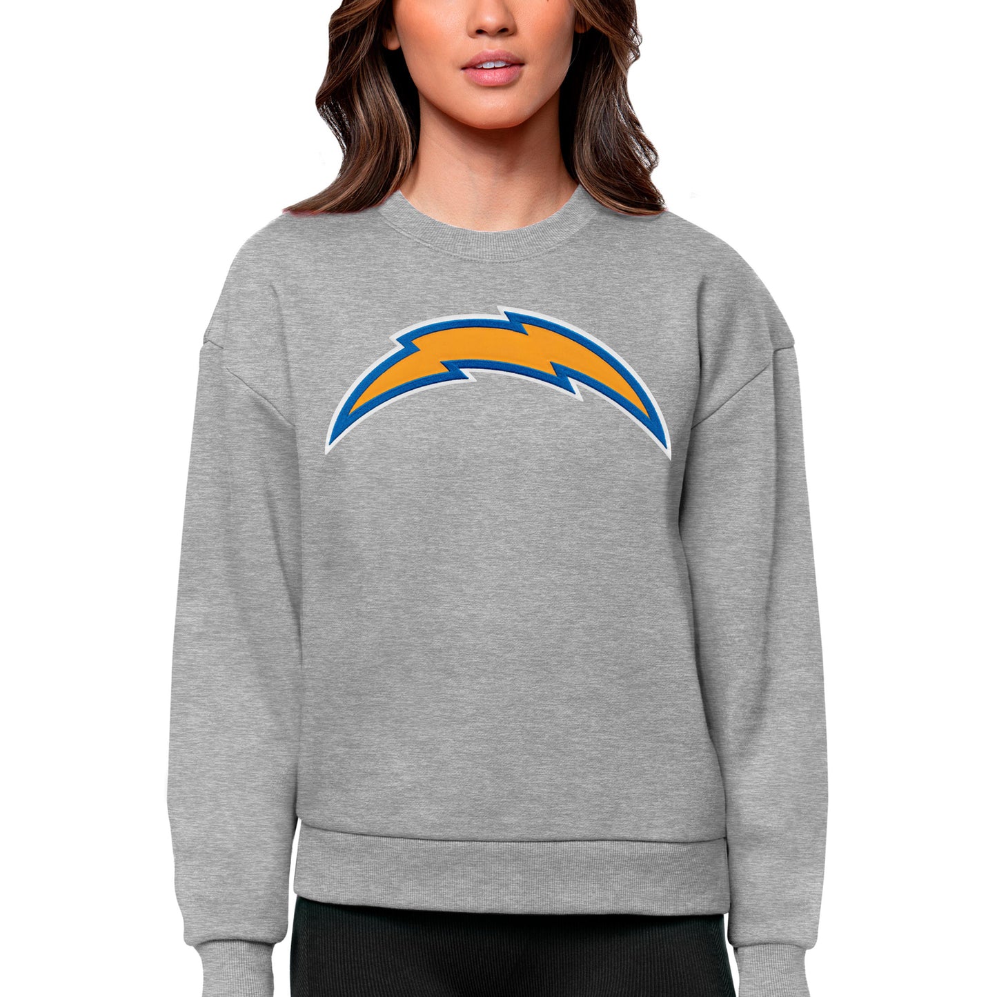 Women's Antigua Heathered Gray Los Angeles Chargers Victory Logo Pullover Sweatshirt