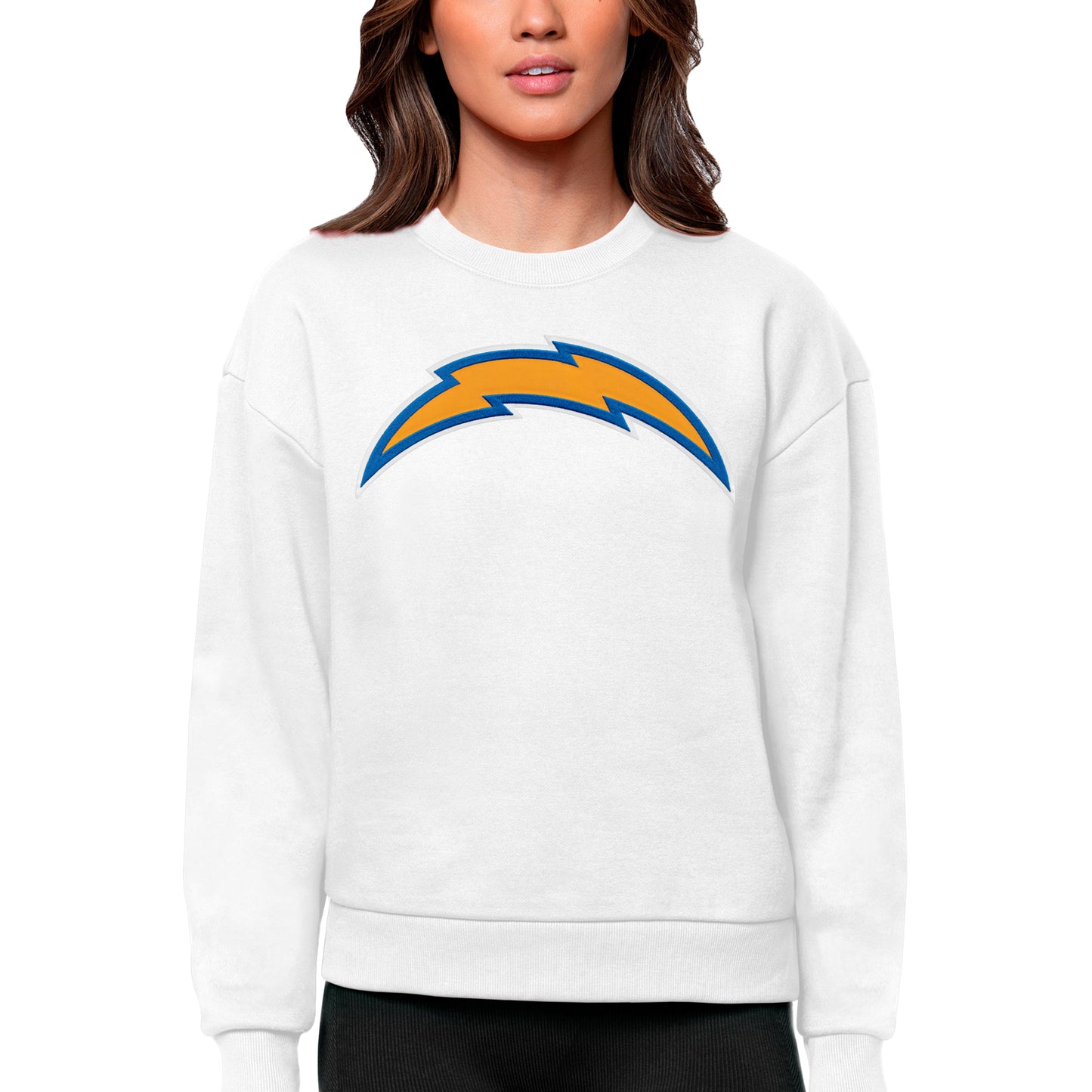 Women's Antigua White Los Angeles Chargers Victory Logo Pullover Sweatshirt