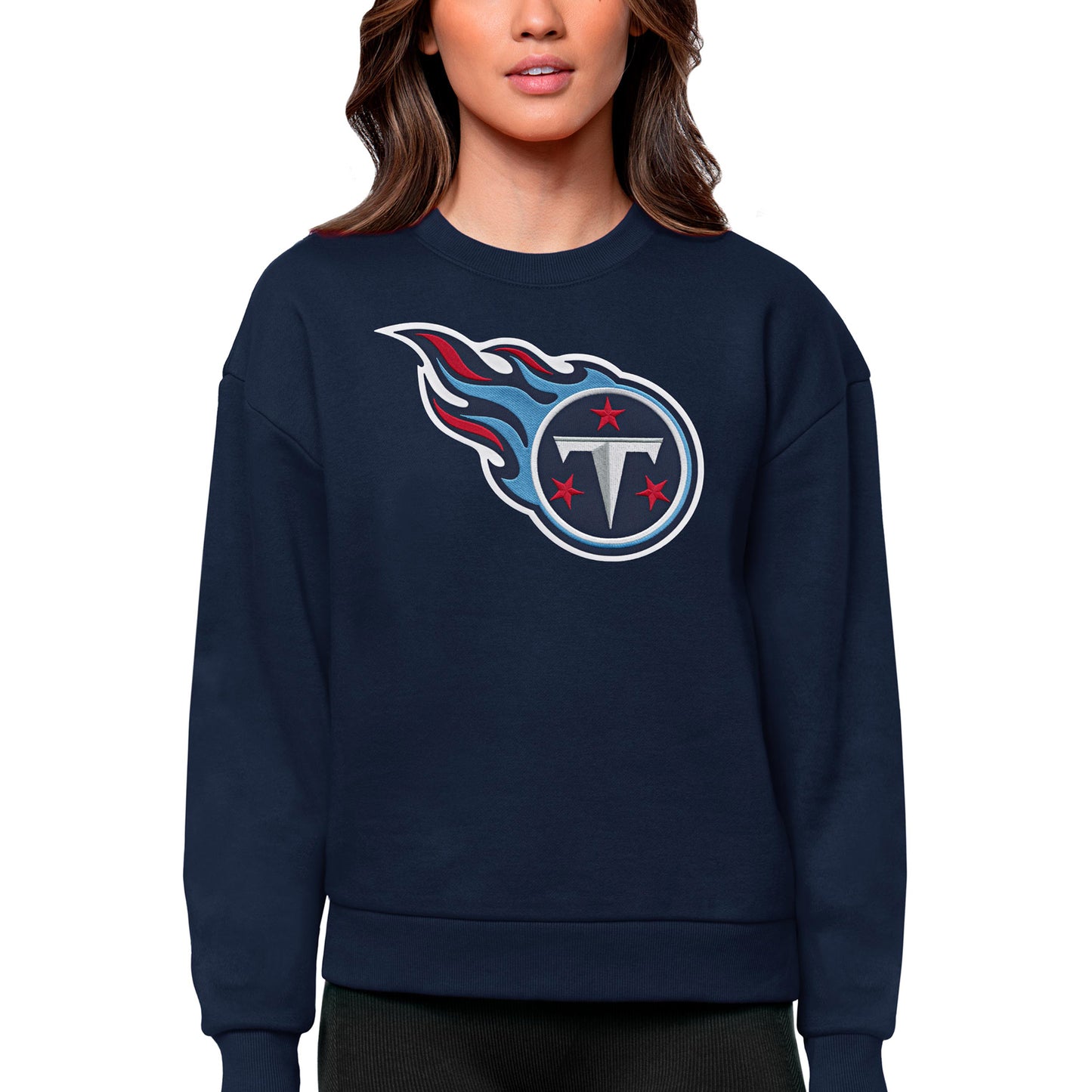 Women's Antigua Navy Tennessee Titans Victory Logo Pullover Sweatshirt