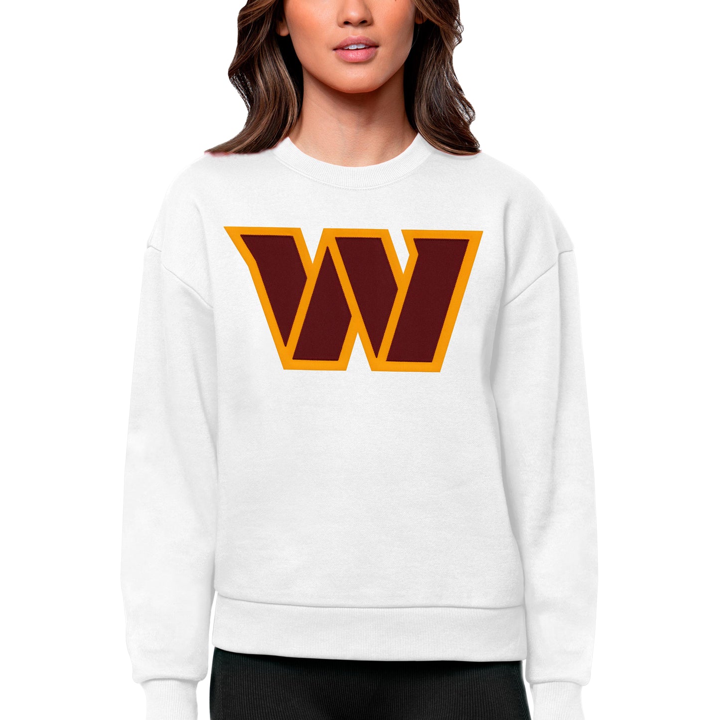 Women's Antigua White Washington Commanders Victory Logo Pullover Sweatshirt