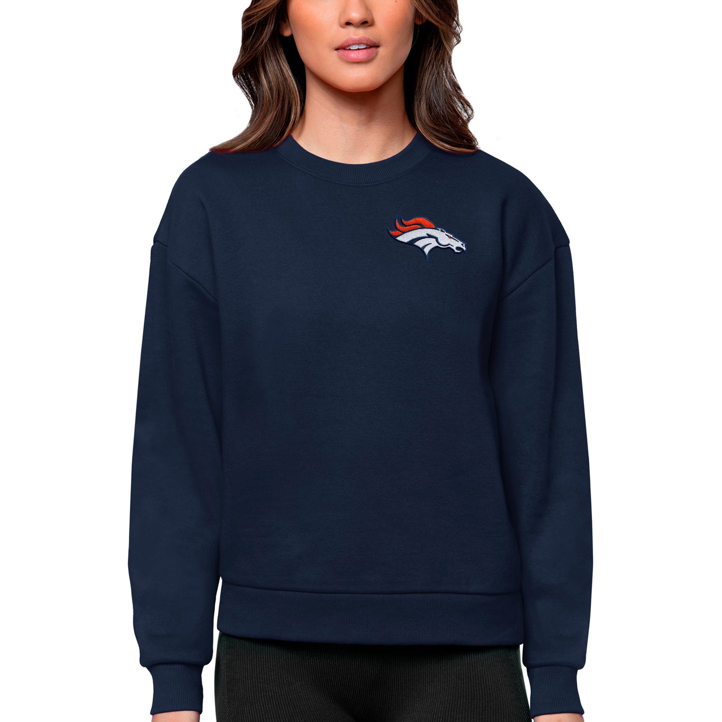 Women's Antigua Navy Denver Broncos Victory Crewneck Pullover Sweatshirt