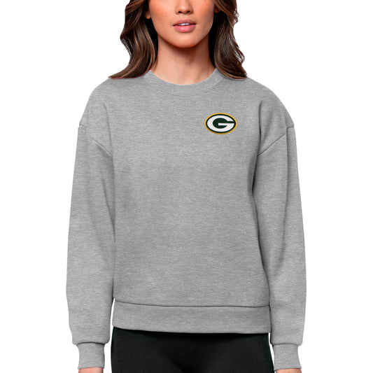 Women's Antigua Heathered Gray Green Bay Packers Victory Crewneck Pullover Sweatshirt