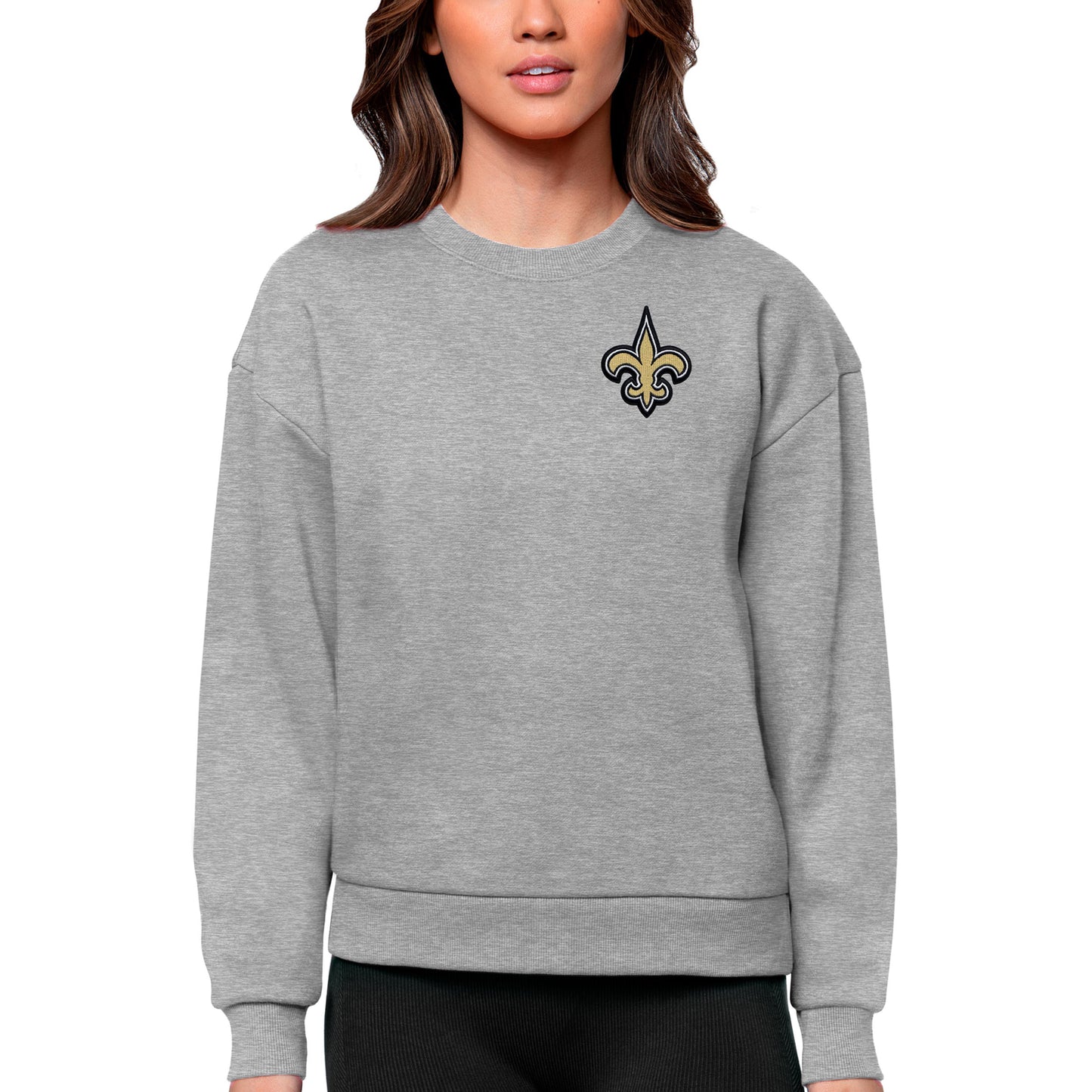 Women's Antigua Heathered Gray New Orleans Saints Victory Crewneck Pullover Sweatshirt